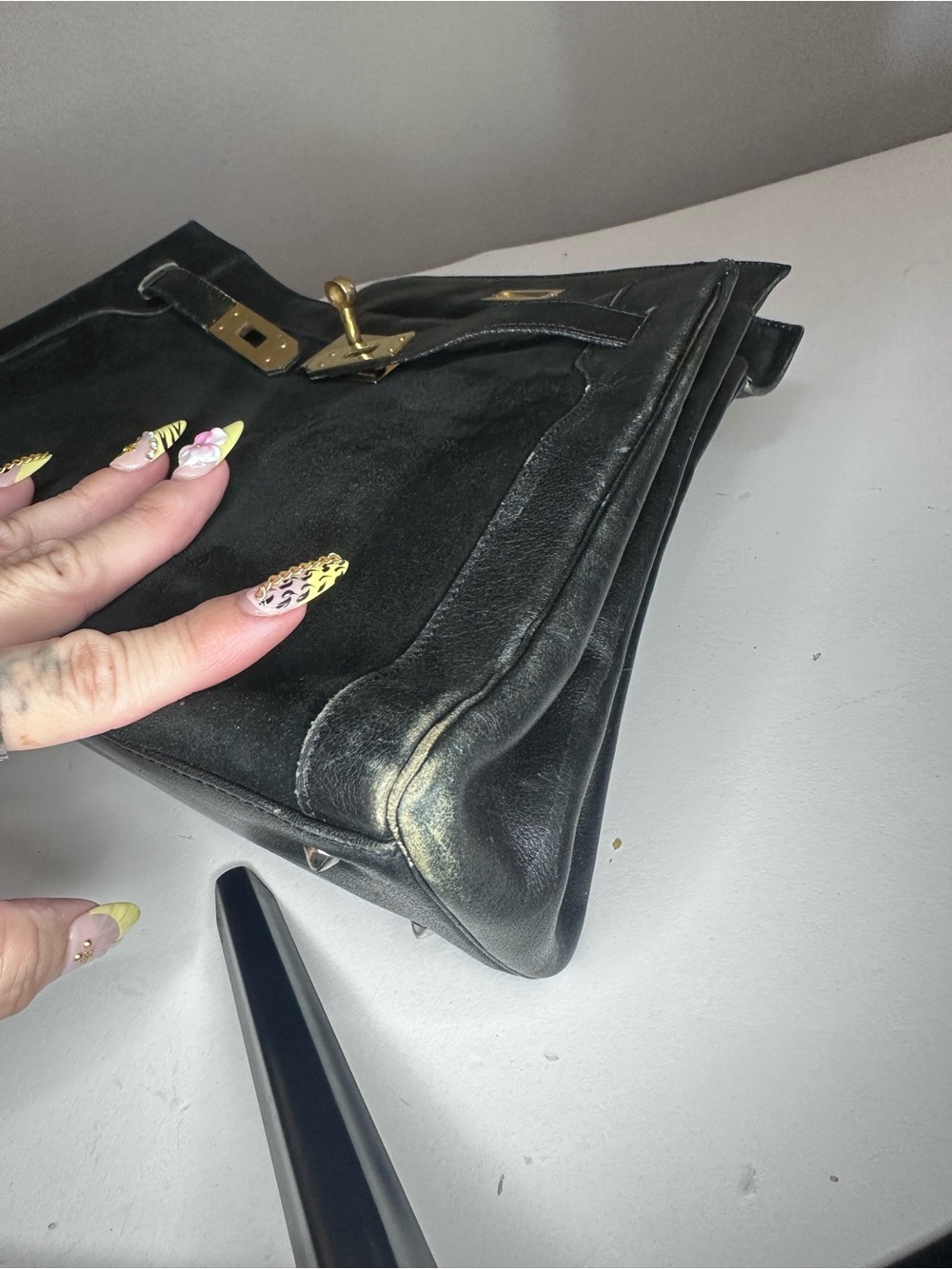 VTG Saks Fifth Avenue Paris Black Leather & Suede Kelly Bag Gold Hardware France - Picture 11 of 15